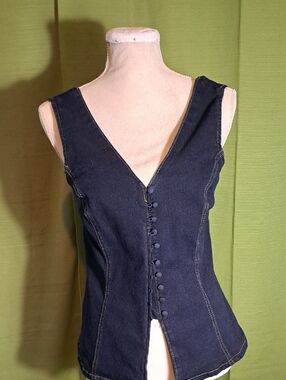 Dark Denim Button-Front V-Neck Sleeveless Top
